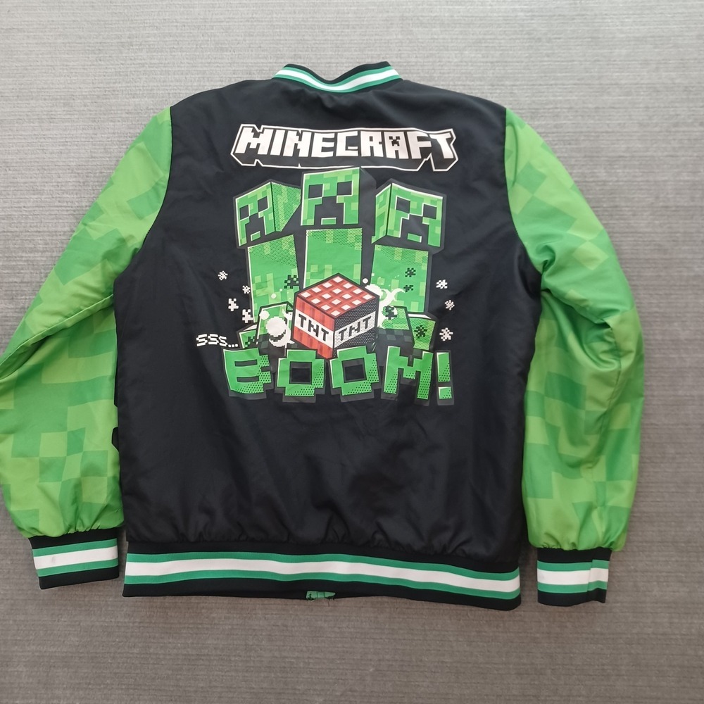 Minecraft Jacket Boys 14/16 Black Green Bomber Varsity Boom Creeper Graphic Zip